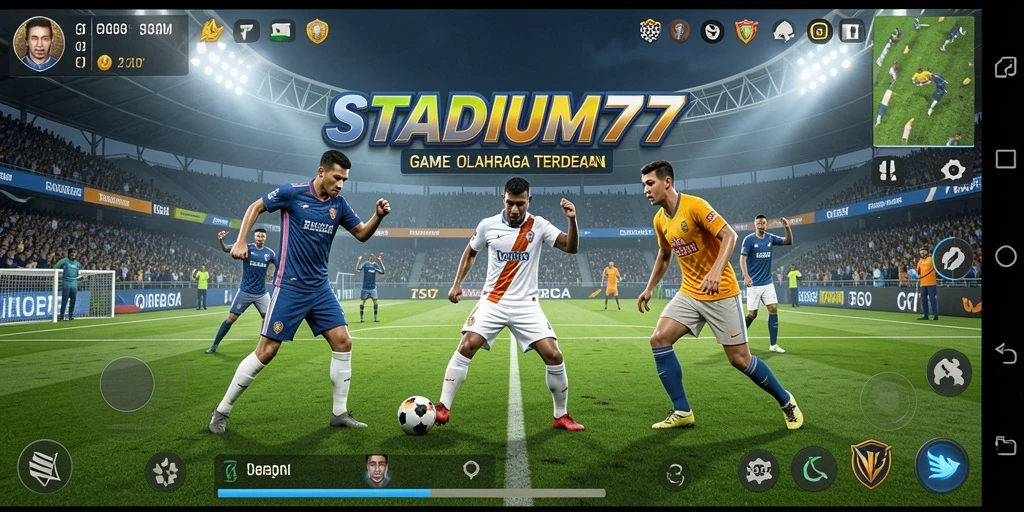 Screenshot gameplay STADIUM77 menampilkan aksi olahraga yang mendebarkan.