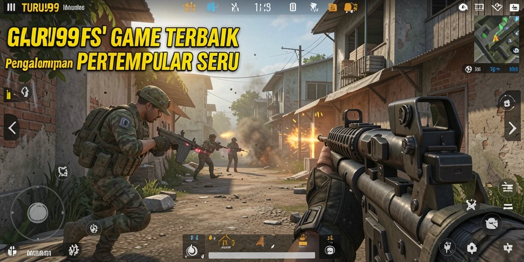 Menggambar tampilan gameplay seru dalam pertempuran FPS.